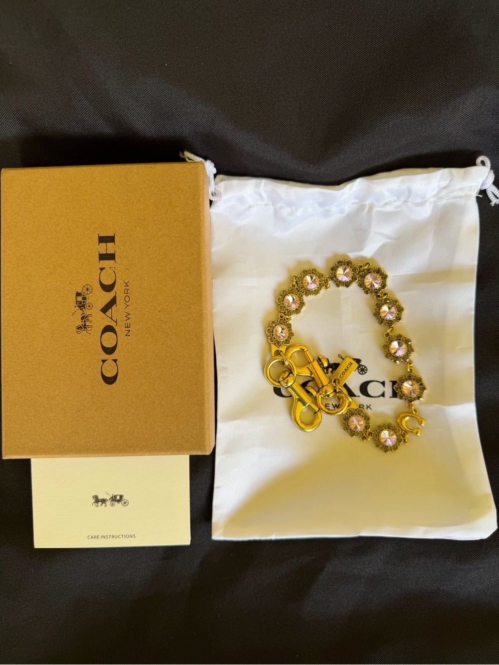 COACH Gold & Crystal Pink Flower Bag Chain